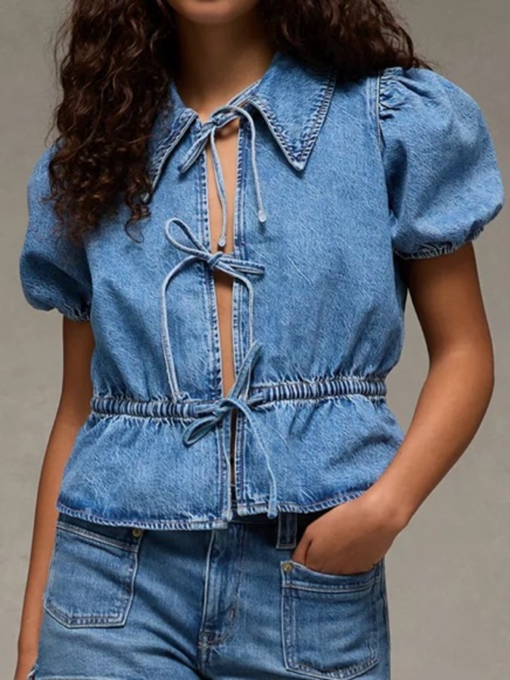 American Eagle Medium Wash Collared Denim Shirt With Short Puff Sleeves Size Med